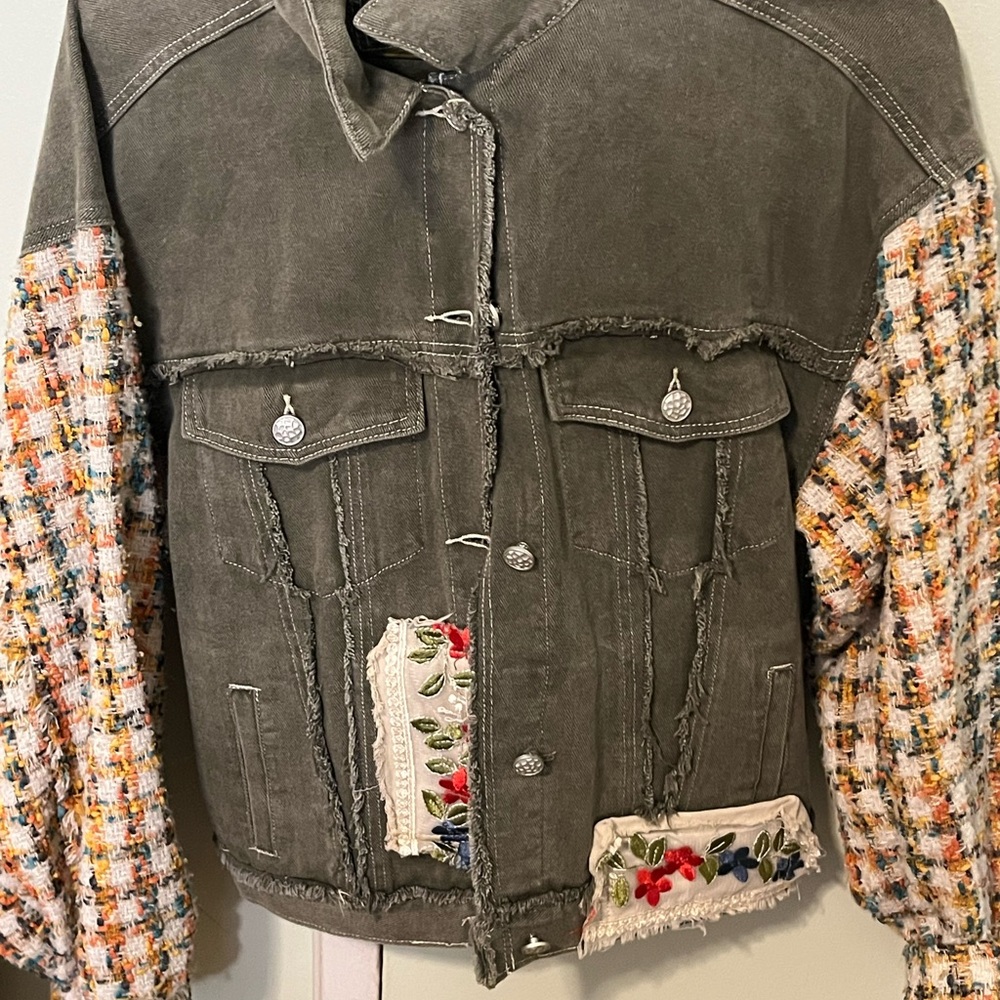 POL Green Patchwork Jean Jacket with Tweed Sleeves
